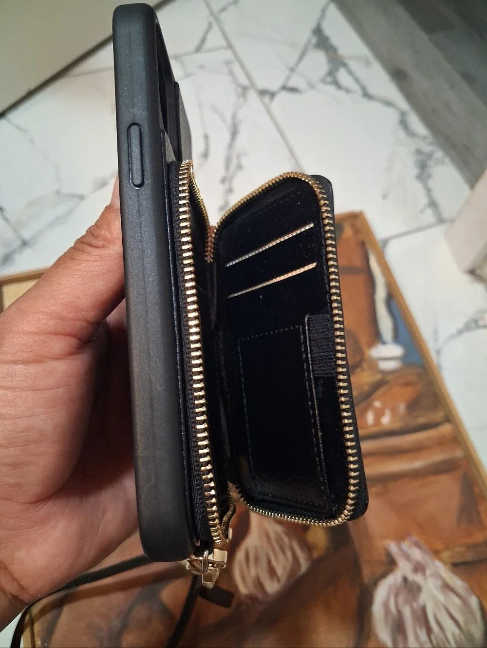 Black Leather Crossbody Phone Case with Chain Strap